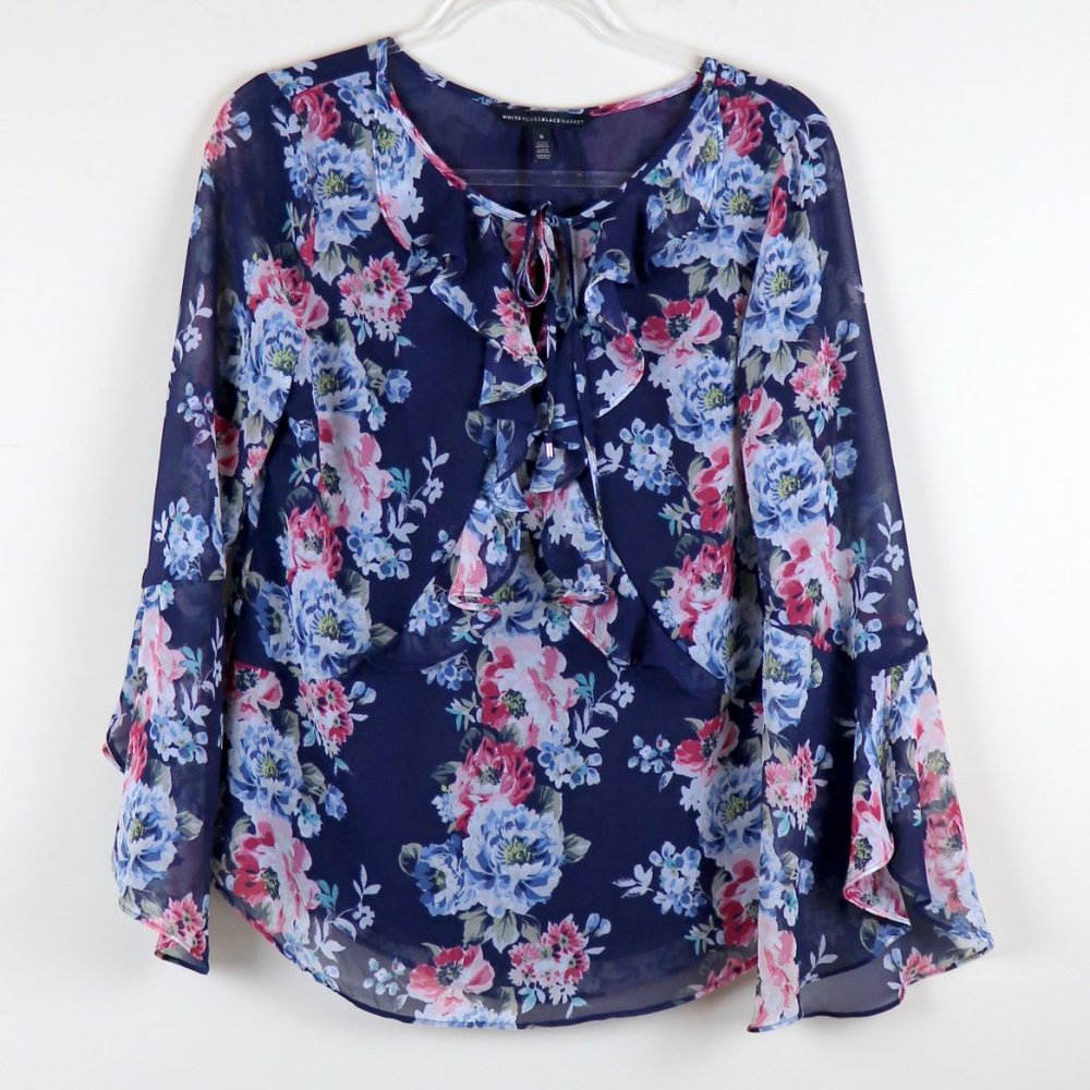 White House Black Market L/S Blouse Navy Floral S8